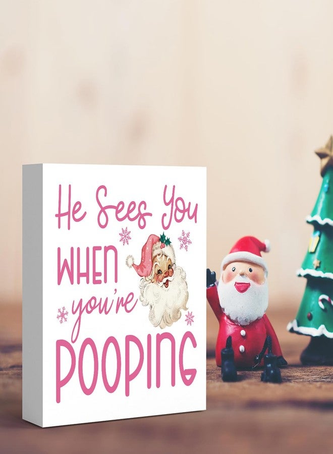 FXEFXE Funny Christmas Bathroom Decor, Pink Christmas Decoration, Funny Gift Decorations for Bathroom, Wooden Box Sign for Home Farmhouse Office Living Room Table Shelf Tiered Desk Decor - Image 5